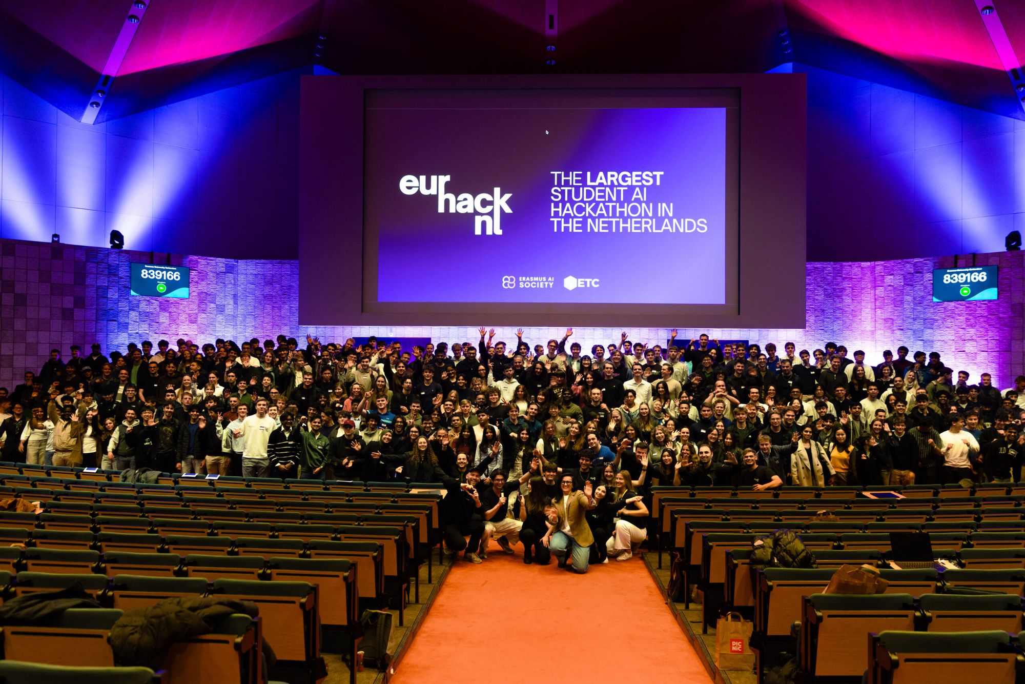 A full auditorium at Erasmus University Rotterdam during EurHackNL 2026